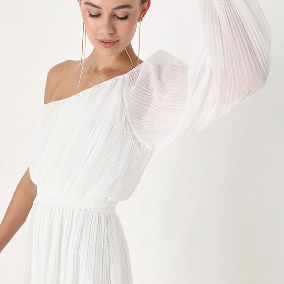 NWT Lulus Always Loving You White Pleated One Shoulder MIDI Dress Sz M Host Pick - Picture 5 of 13